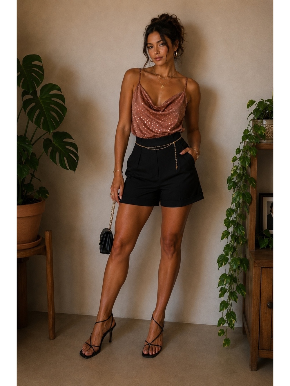Express Cowl Neck Strappy Bodysuit Pink + Rose Gold Dot - Med